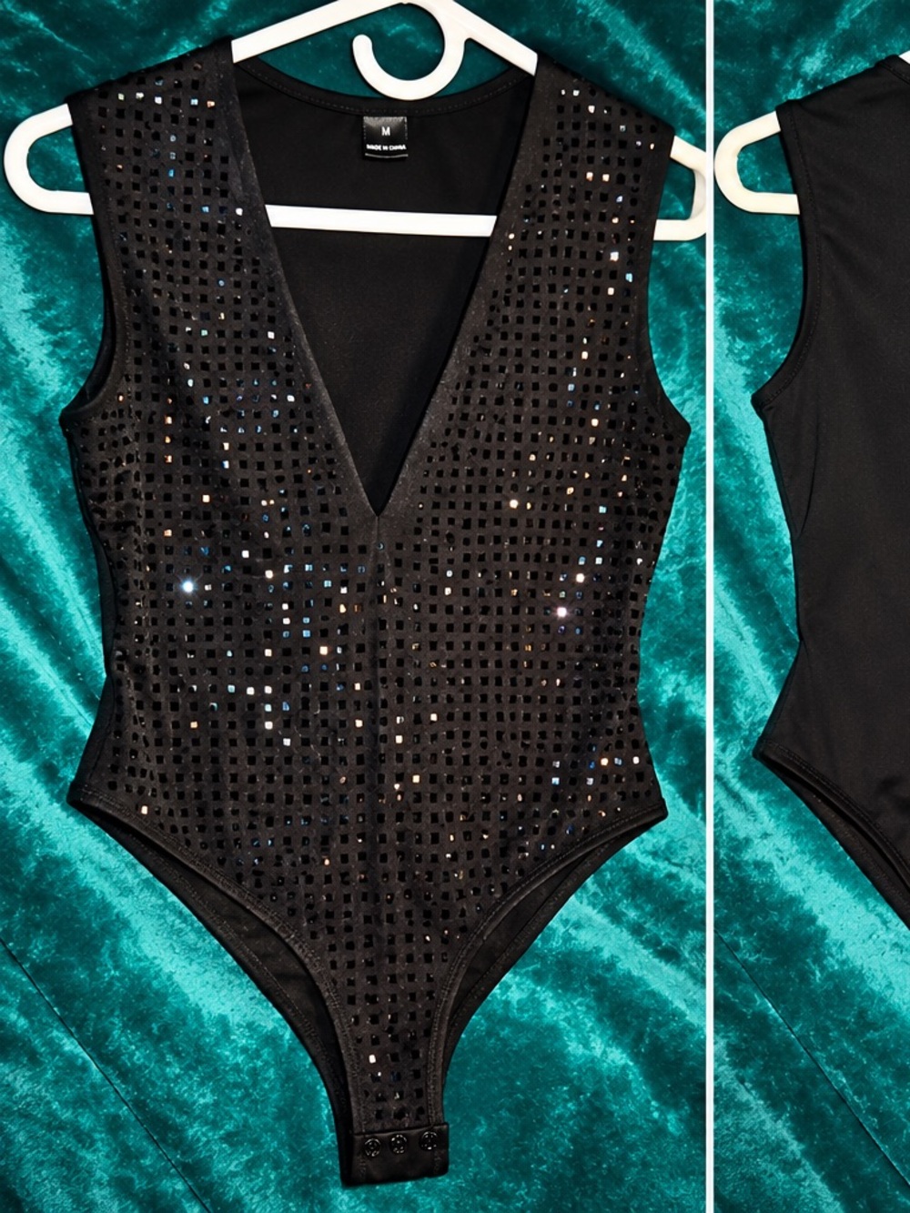 Women’s Black Sequin Snap-Back One-Piece Bodysuit